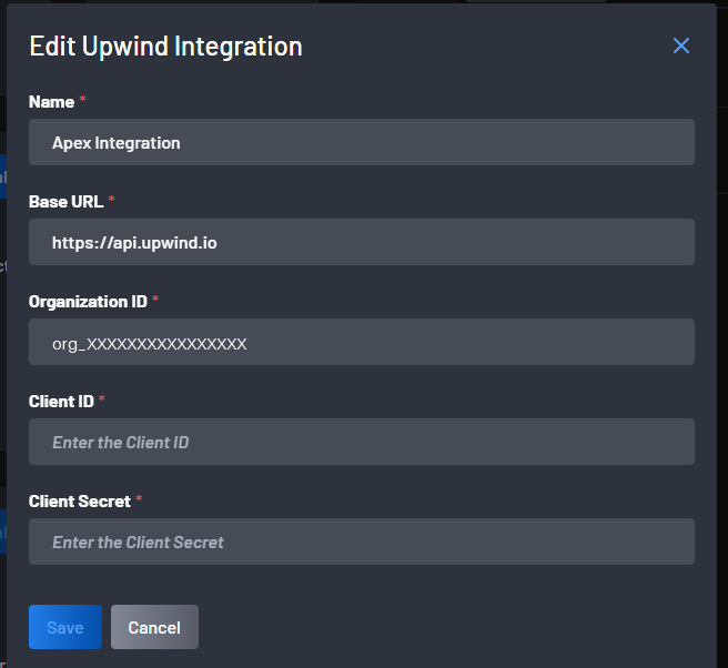 Edit Upwind Integration modal
